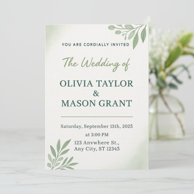 Elegant Greenery Wedding Invitation Card (Standing Front)