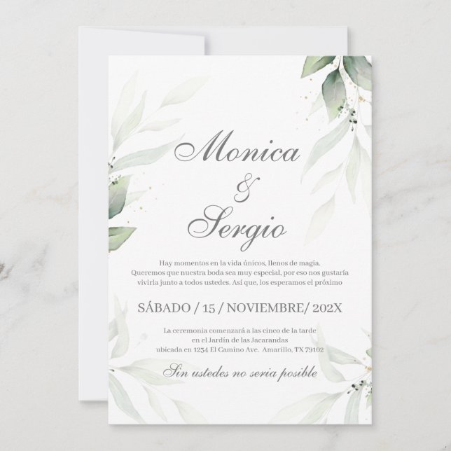 Elegant Greenery Wedding Invitation in Spanish (Front)