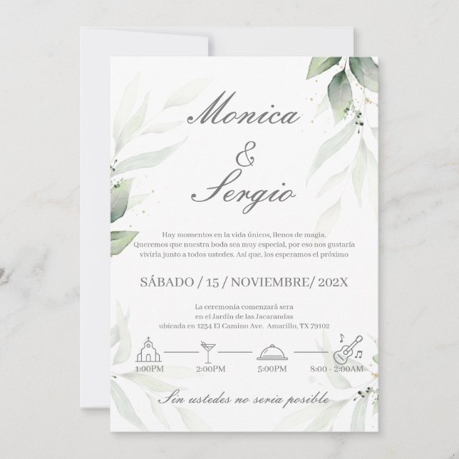 Elegant Greenery Wedding Invitation in Spanish (Front)