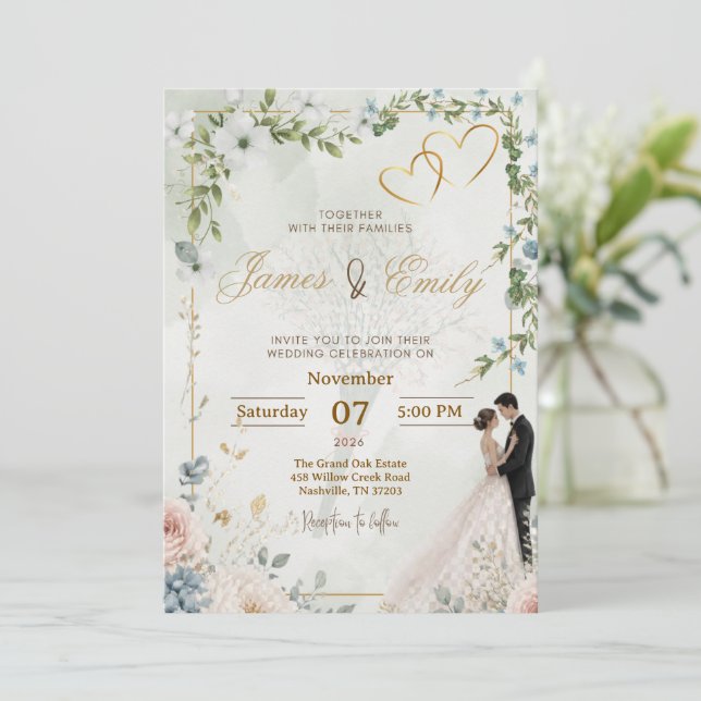 Elegant Greenery Wedding Invitation | Modern Flora (Standing Front)