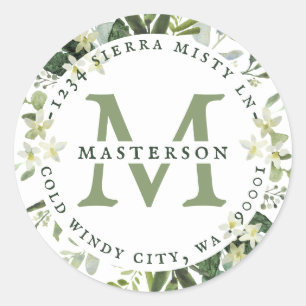 Elegant Greenery Wedding Monogram Return Address Classic Round Sticker