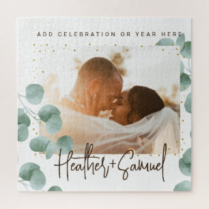 Elegant Greenery Wedding Photo and Text Jigsaw Puzzle