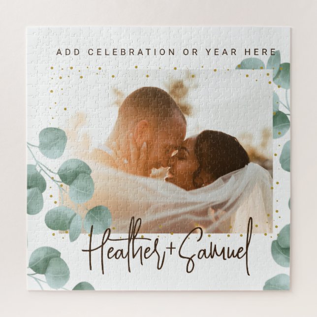 Elegant Greenery Wedding Photo and Text Jigsaw Puzzle (Vertical)