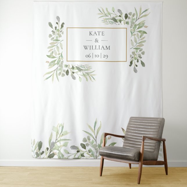 Elegant Greenery Wedding Photo Booth Backdrop Tapestry (In Situ)