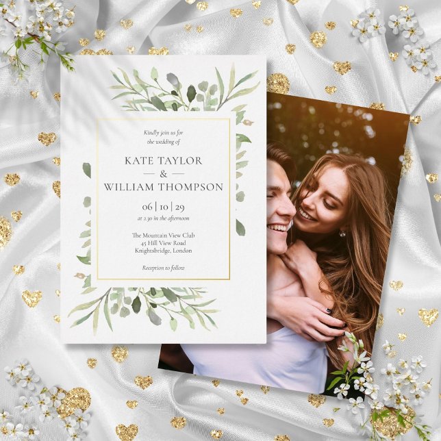 Elegant Greenery Wedding Photo Gold (Elegant Greenery Wedding Photo Gold Foil Invitation)