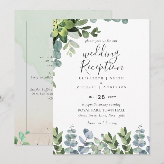 Elegant Greenery Wedding RECEPTION Evening Only In Invitation (Front/Back)