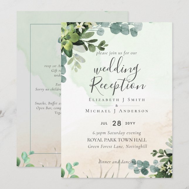 Elegant Greenery Wedding RECEPTION Evening Only In Invitation (Front/Back)