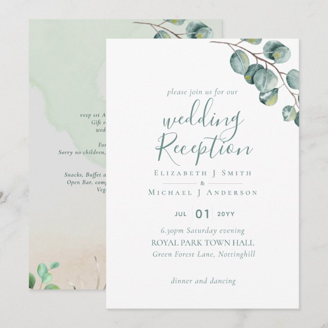 Elegant Greenery Wedding RECEPTION Evening Only In Invitation (Front/Back)