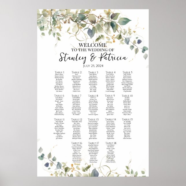 Elegant greenery wedding seating chart 18 tables (Front)