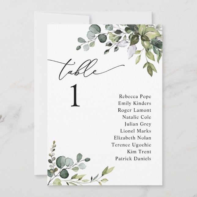 Elegant Greenery Wedding Seating Chart Table Cards (Front)
