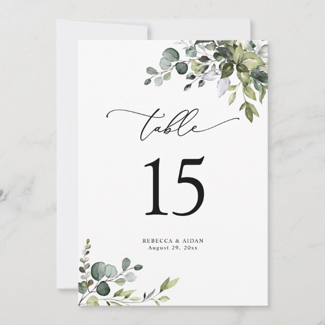Elegant Greenery Wedding Table Number Cards (Front)