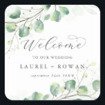 Elegant Greenery Wedding Welcome Square Sticker<br><div class="desc">These elegant greenery wedding welcome stickers are perfect for a simple wedding. The modern elegant design features a natural botanical arrangement of eucalyptus, leaves and plants with a subtle mint green watercolor wash accent. Personalize these stickers with the location of your wedding, names, and wedding date. These labels are perfect...</div>