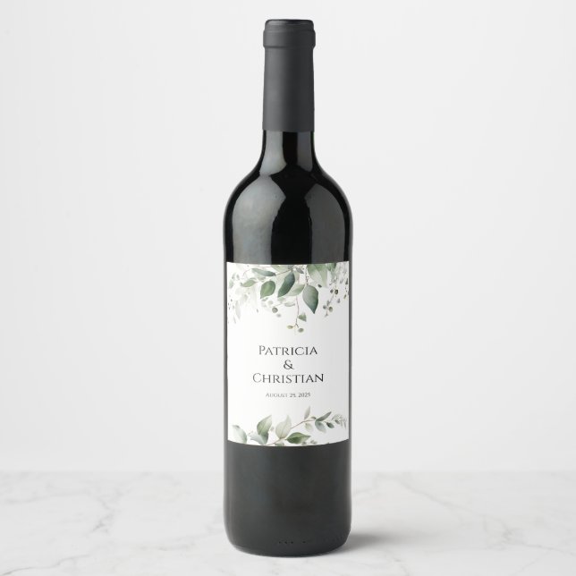 Elegant Greenery Wedding Wine Label (Front)