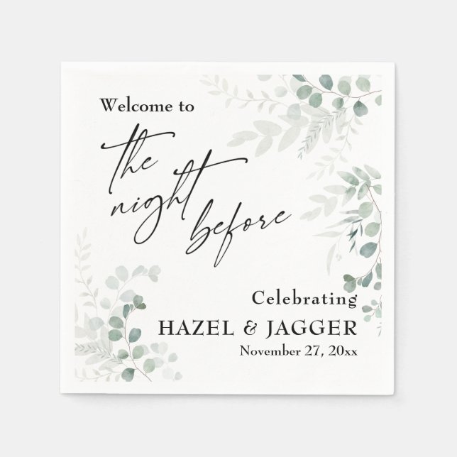 Elegant Greenery Welcome to The Night Before Napkin (Front)