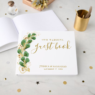 Elegant Greenery White and Gold Photo Wedding  Guest Book