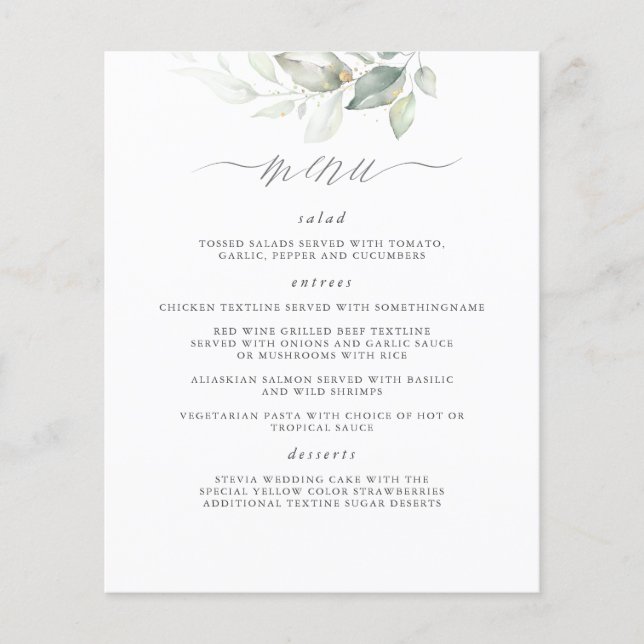 Elegant Greenery White Clean Wedding Menu (Front)