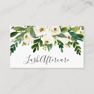 Elegant Greenery White Floral Aftercare Lashes Business Card