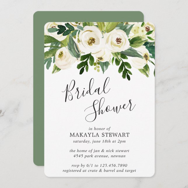 Elegant Greenery White Floral Bridal Shower Invitation (Front/Back)