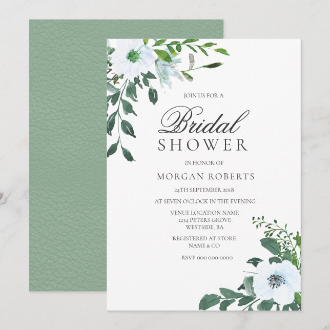 Elegant Greenery White Floral Bridal Shower Invite (Front/Back)