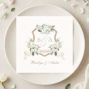 Elegant Greenery White Floral Crest Wedding Napkin