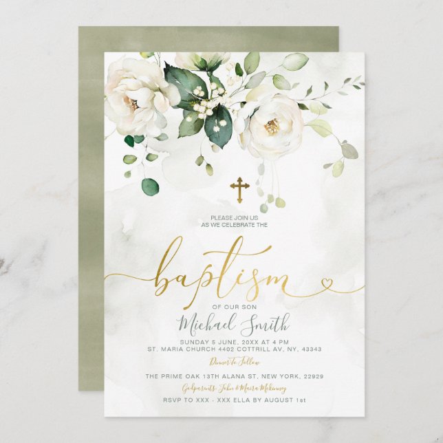 Elegant Greenery White Floral Gold Cross Baptism Invitation (Front/Back)