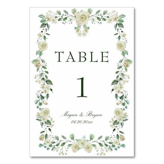 Elegant Greenery White Floral Wedding Table Number (Front)
