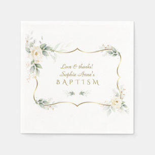 Elegant Greenery White Flowers Gold Cross Baptism Napkin
