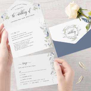 Elegant Greenery, White Navy Blue Floral Wedding All In One Invitation