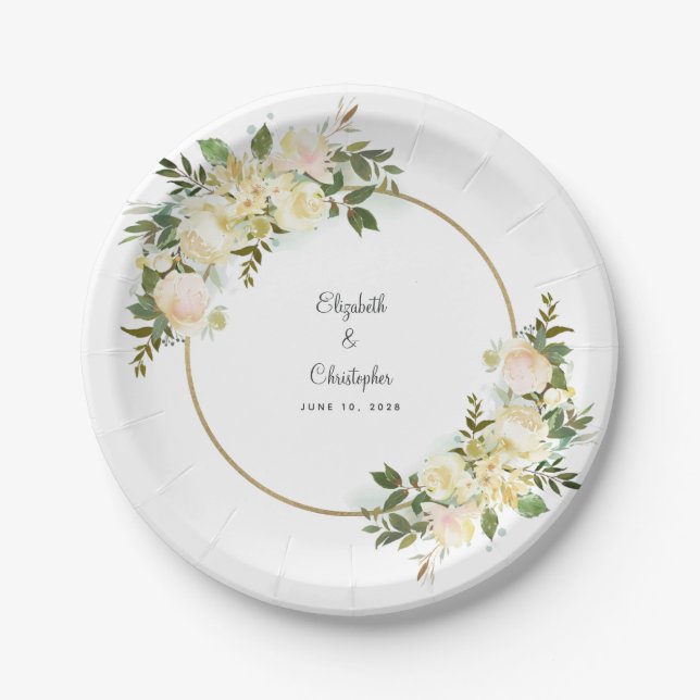 Elegant Greenery White Rose Floral Gold Frame Paper Plate (Front)