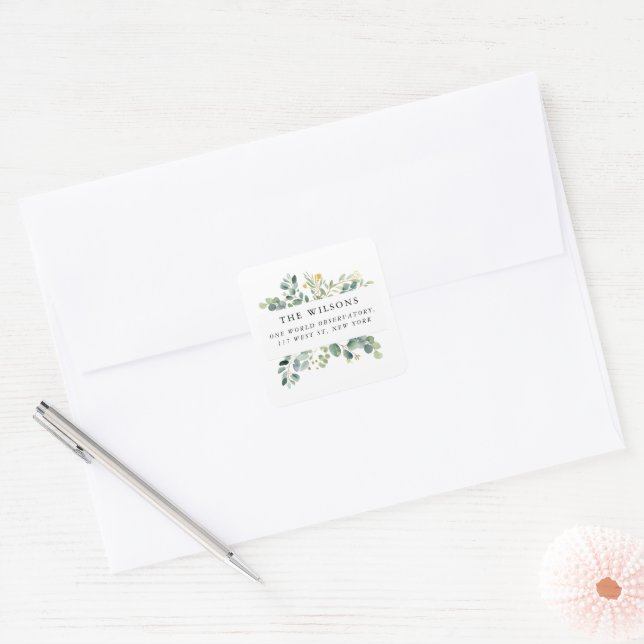 Elegant Greenery Winter | Holiday Return Address Square Sticker (Envelope)