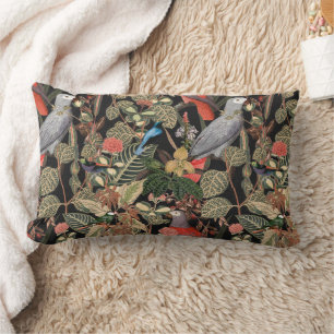 Elegant Greenery with Birds on Black Lumbar Pillow