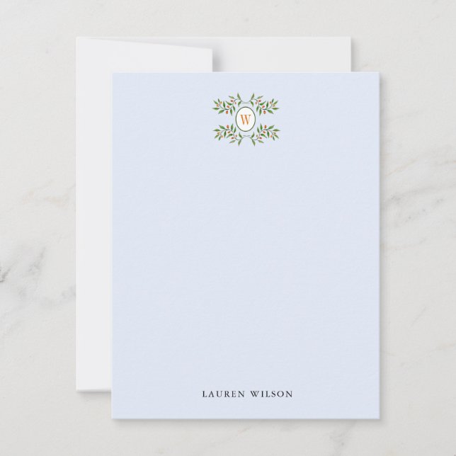 Elegant Greenery with Monogram pale blue Flat  Card (Front)