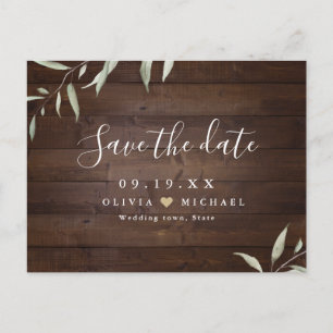 Elegant greenery wood county rustic save the date postcard
