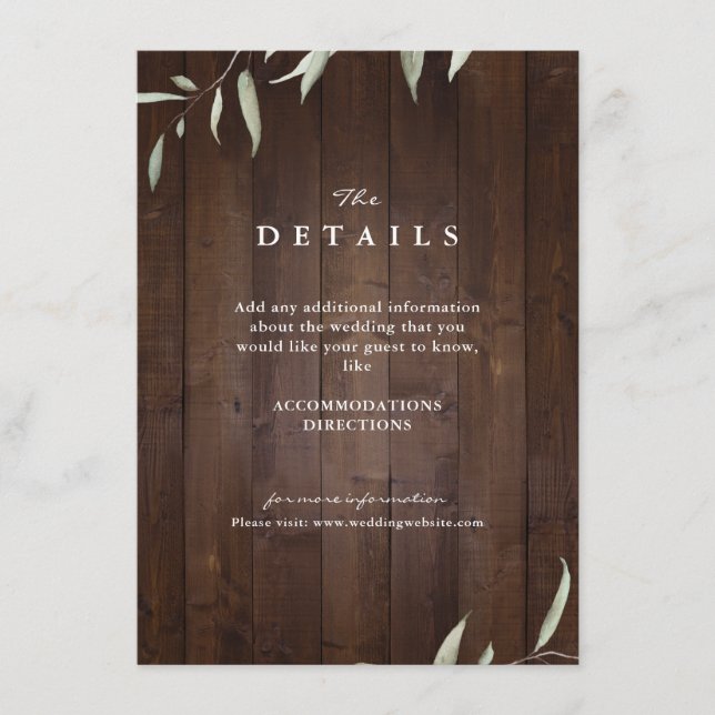 Elegant greenery wood county rustic wedding detail enclosure card (Front)