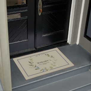 Elegant Greenery Wreath Family Welcome Doormat