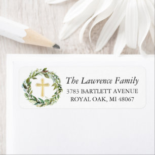 Elegant Greenery Wreath Gold Cross Return Address