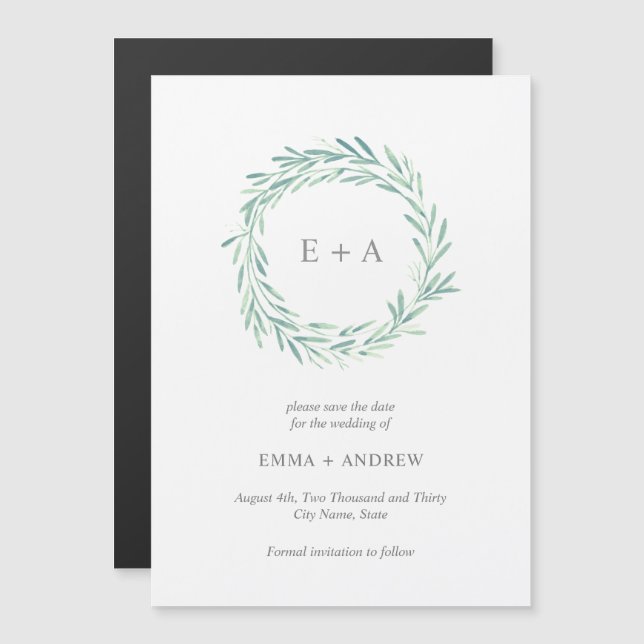 Elegant Greenery Wreath Save the Date Magnetic Invitation (Front/Back)