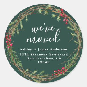 Elegant Greenery Wreath We’ve Moved Address Classic Round Sticker