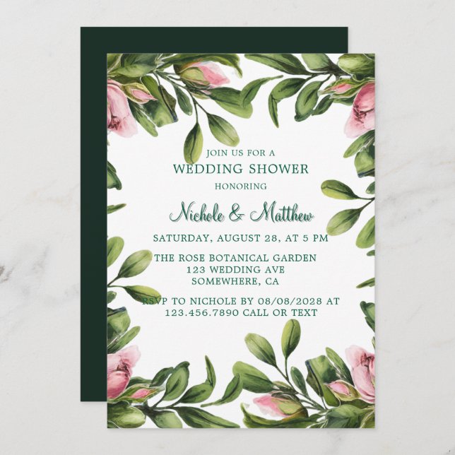 Elegant Greenery Wreath With Pink Rose Bud Wedding Invitation (Front/Back)