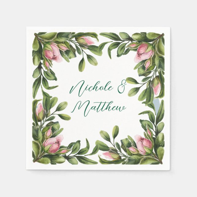 Elegant Greenery Wreath With Pink Rose Bud Wedding Napkin (Front)