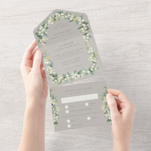Elegant Greige Snowberry+Eucalyptus Wedding All In One Invitation
