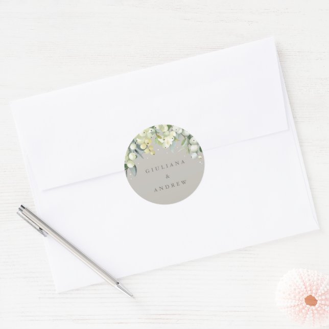 Elegant Greige Snowberry+Eucalyptus Wedding Classic Round Sticker (Envelope)