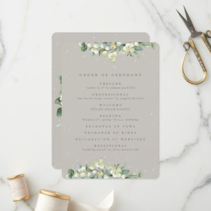 Elegant Greige Snowberry+Eucalyptus Winter Wedding Program