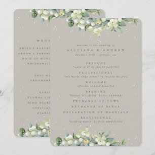 Elegant Greige Snowberry+Eucalyptus Winter Wedding Program