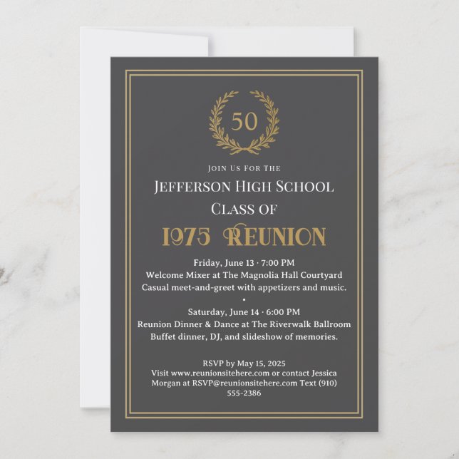 Elegant Grey 50 Year Class Reunion Laurel Wreath Invitation (Front)