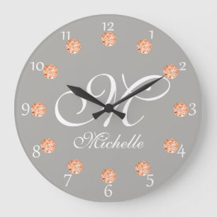 Elegant Grey & Amber Faux Gems Monogram Clock
