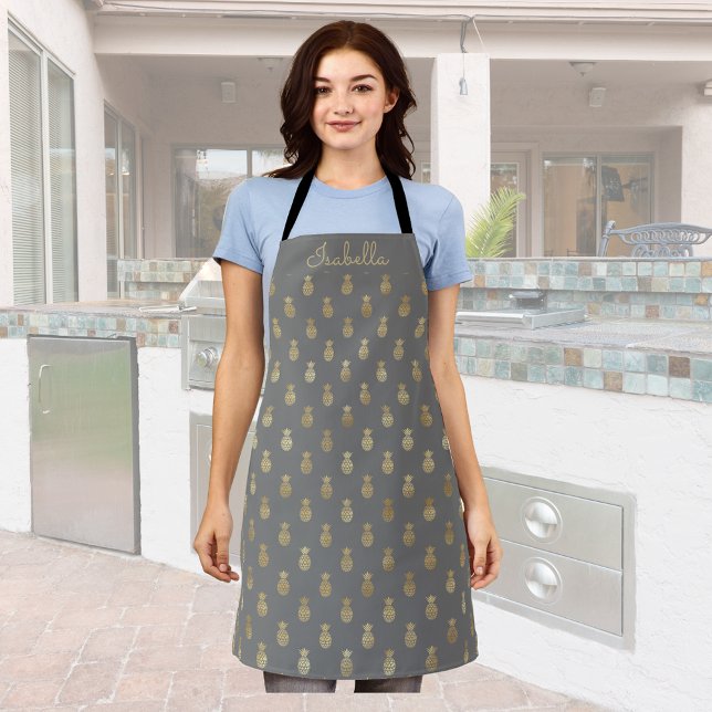 Elegant Grey and Gold Pineapple Personalized Apron (Creator Uploaded)