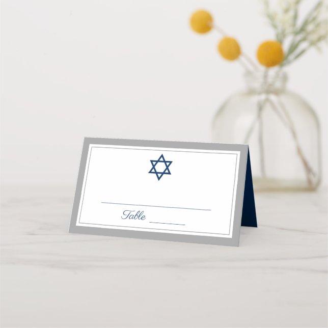 Elegant Grey and Navy Blue Bar Mitzvah Place Card (Front)