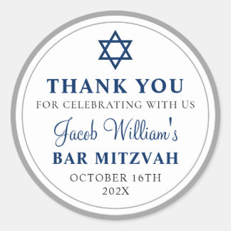 Elegant Grey and Navy Blue Bar Mitzvah Thank You Classic Round Sticker