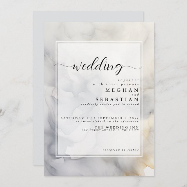 Elegant Grey and Pale Gold Soft Cloud Invitation (Front/Back)